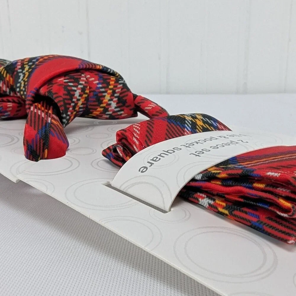 Wonder Nation 2 Piece Set Red Plaid Zip Tie & Pocket Square Kids Ages 3+ New